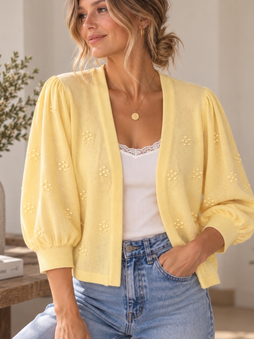 Yellow Textured Floral Puff Sleeve Cardigan